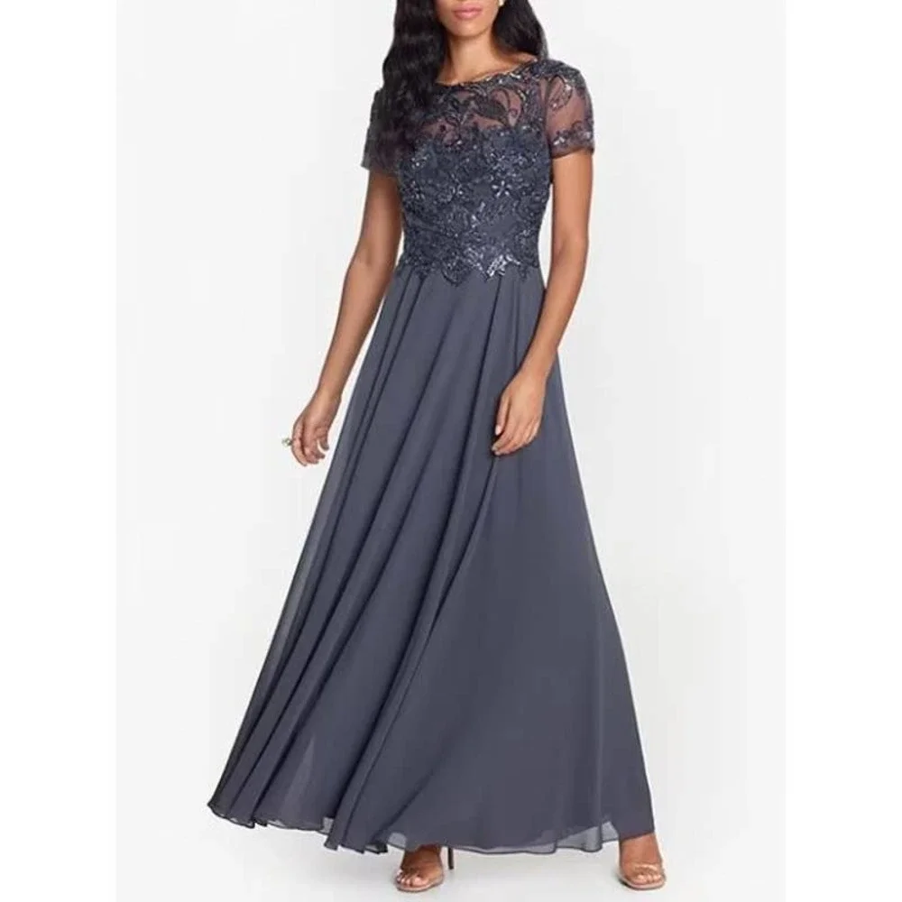 XSCAPE Womens Beaded Bodice Chiffon Gown 6 Grey Short Illusion Sleeve Mesh NWOT